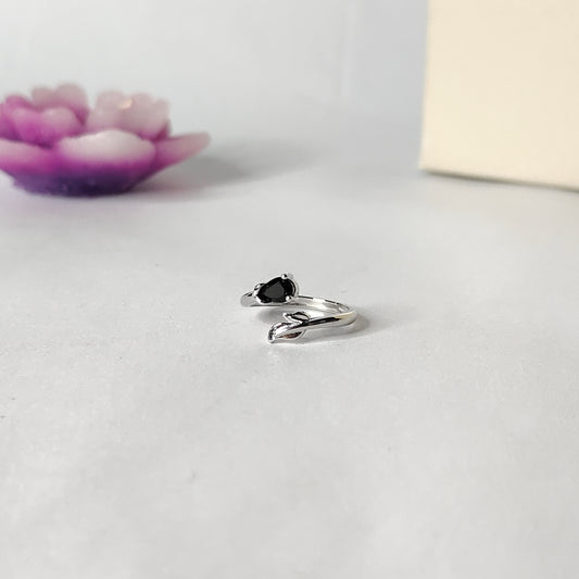 Black CZ Bypass Ring | Silver Branch Open Ring | Modern Minimalist Black Gemstone Ring for Women