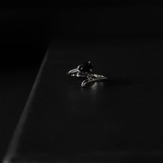 Black CZ Bypass Ring | Silver Branch Open Ring | Modern Minimalist Black Gemstone Ring for Women