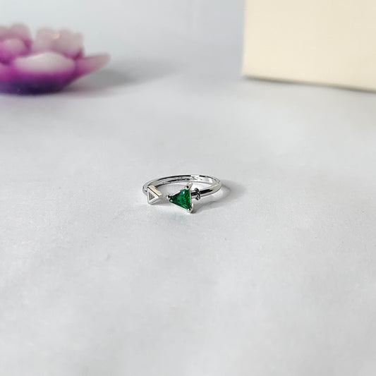 Green Triangle Ring | Silver Geometric Open Ring | Minimalist Triangle Gemstone Ring for Women