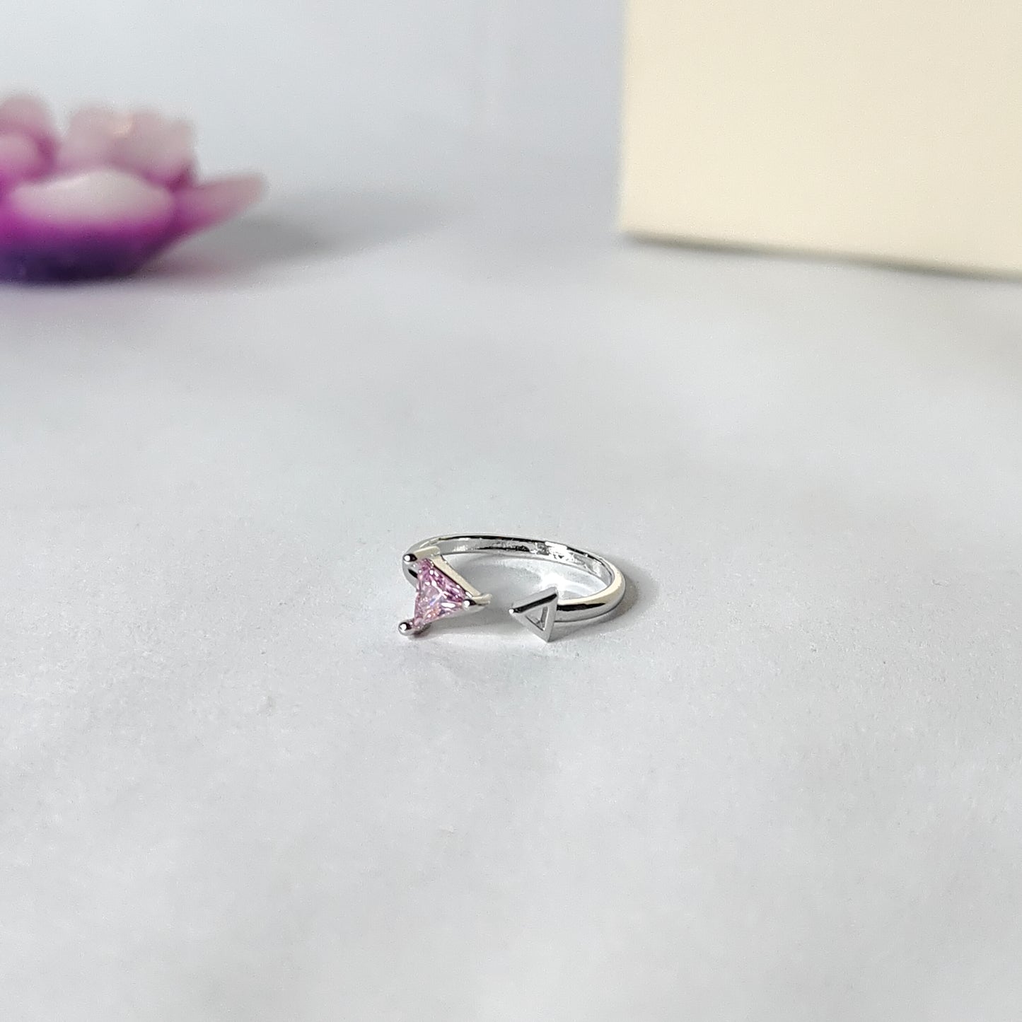 Pink Triangle Ring | Silver Geometric Open Ring | Minimalist Triangle Gemstone Ring for Women
