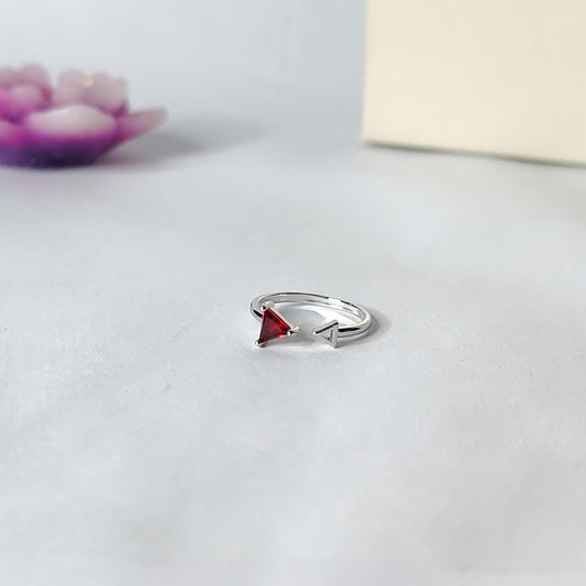 Red Triangle Ring | Silver Geometric Open Ring | Minimalist Triangle Gemstone Ring for Women