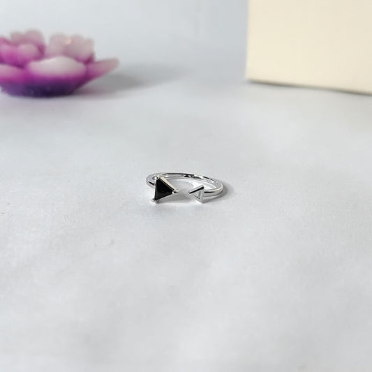 Black Triangle Ring | Silver Geometric Open Ring | Minimalist Triangle Gemstone Ring for Women