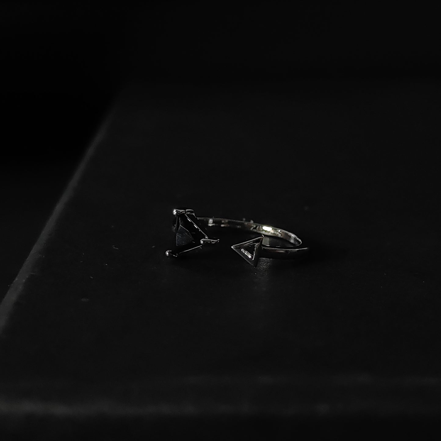 Black Triangle Ring | Silver Geometric Open Ring | Minimalist Triangle Gemstone Ring for Women