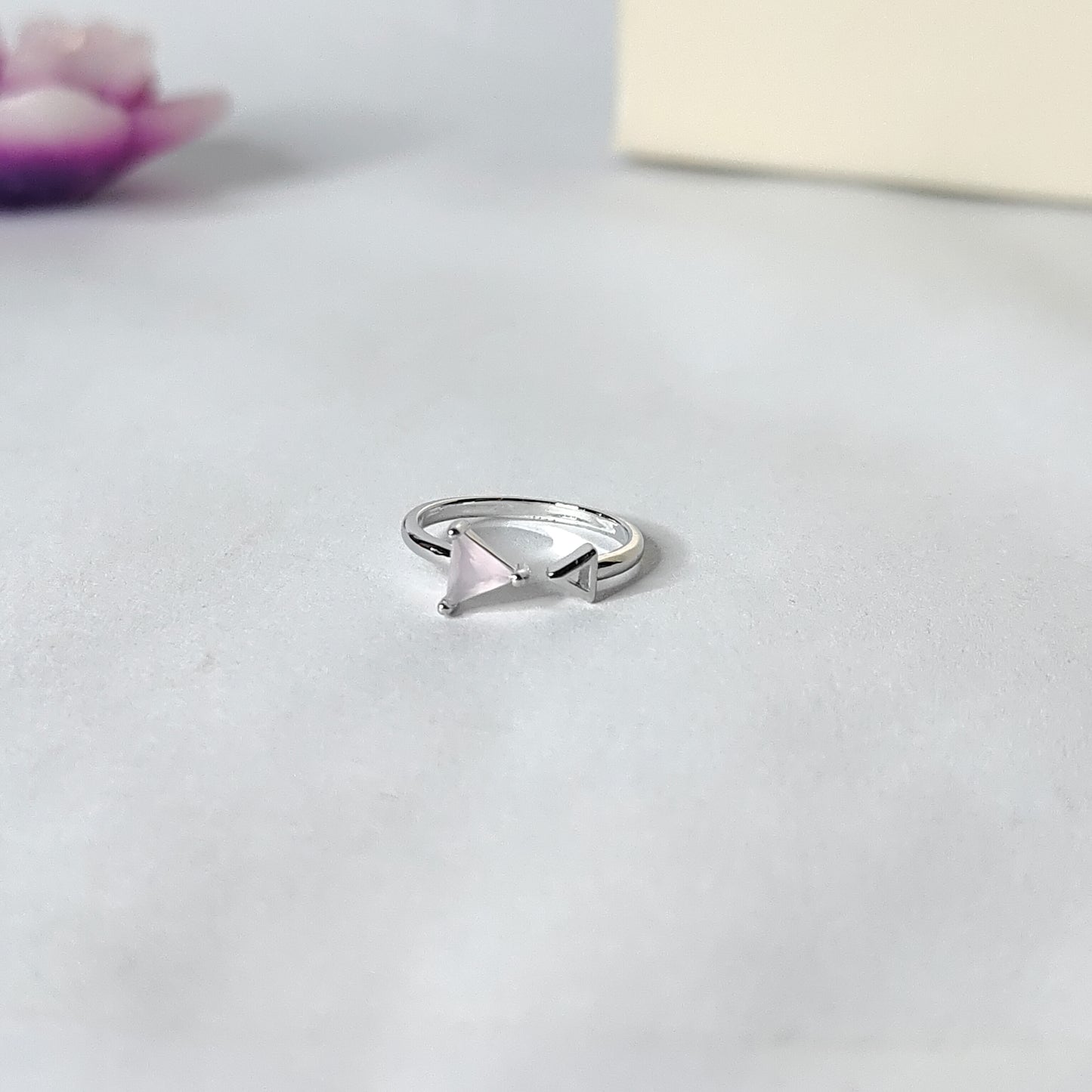 Pink Triangle Ring | Silver Geometric Open Ring | Minimalist Triangle Gemstone Ring for Women