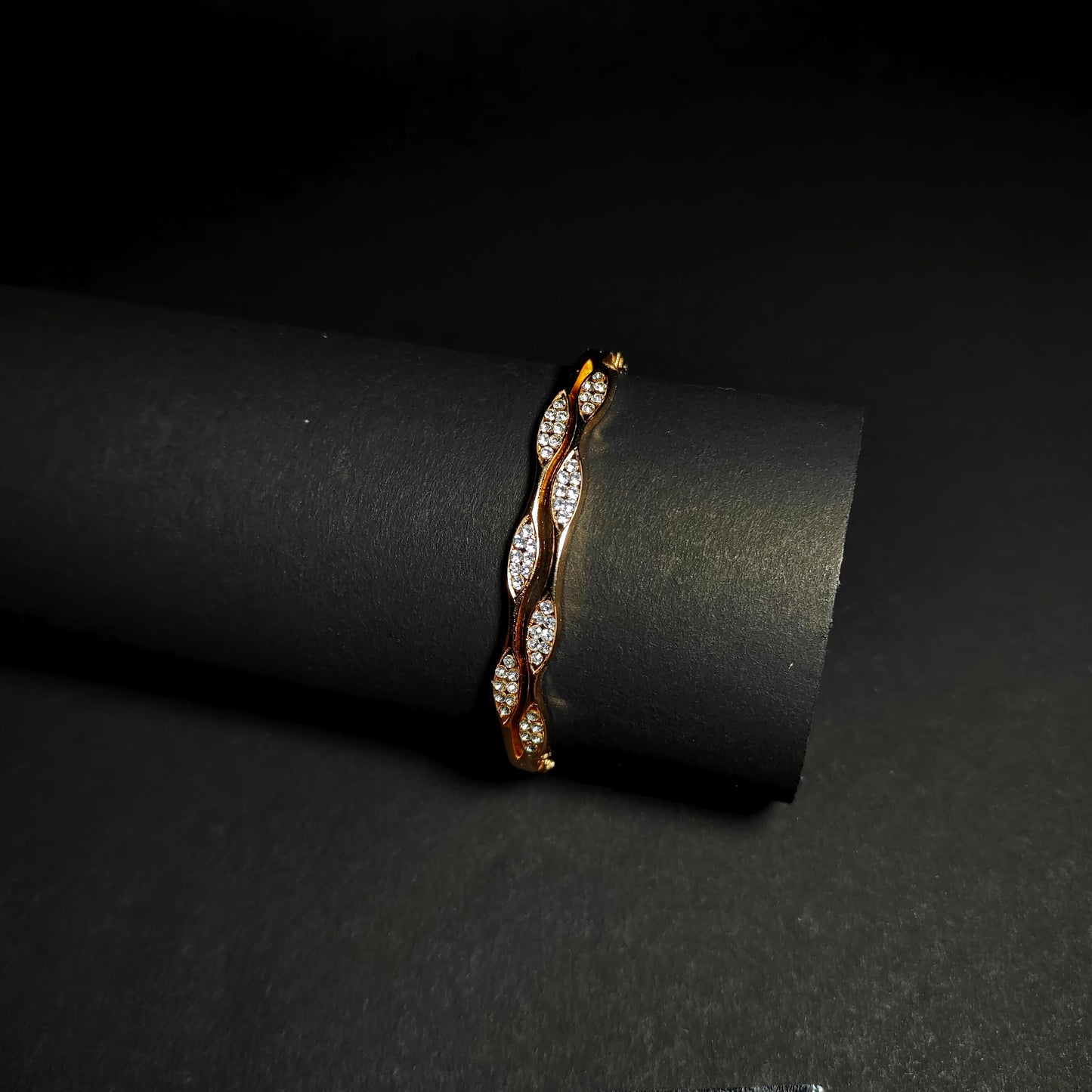 Gold Crystal Hinged Bangle | Anti Tarnish Stainless Steel Link Bracelet with Sparkling Rhinestones | Elegant Fashion Bangle for Women