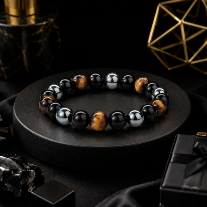 Triple Protection Crystal Bracelet for Men & Women | Natural Tiger Eye, Black Obsidian & Hematite Healing Crystal Bracelet | Protection, Grounding, Strength & Positive Energy