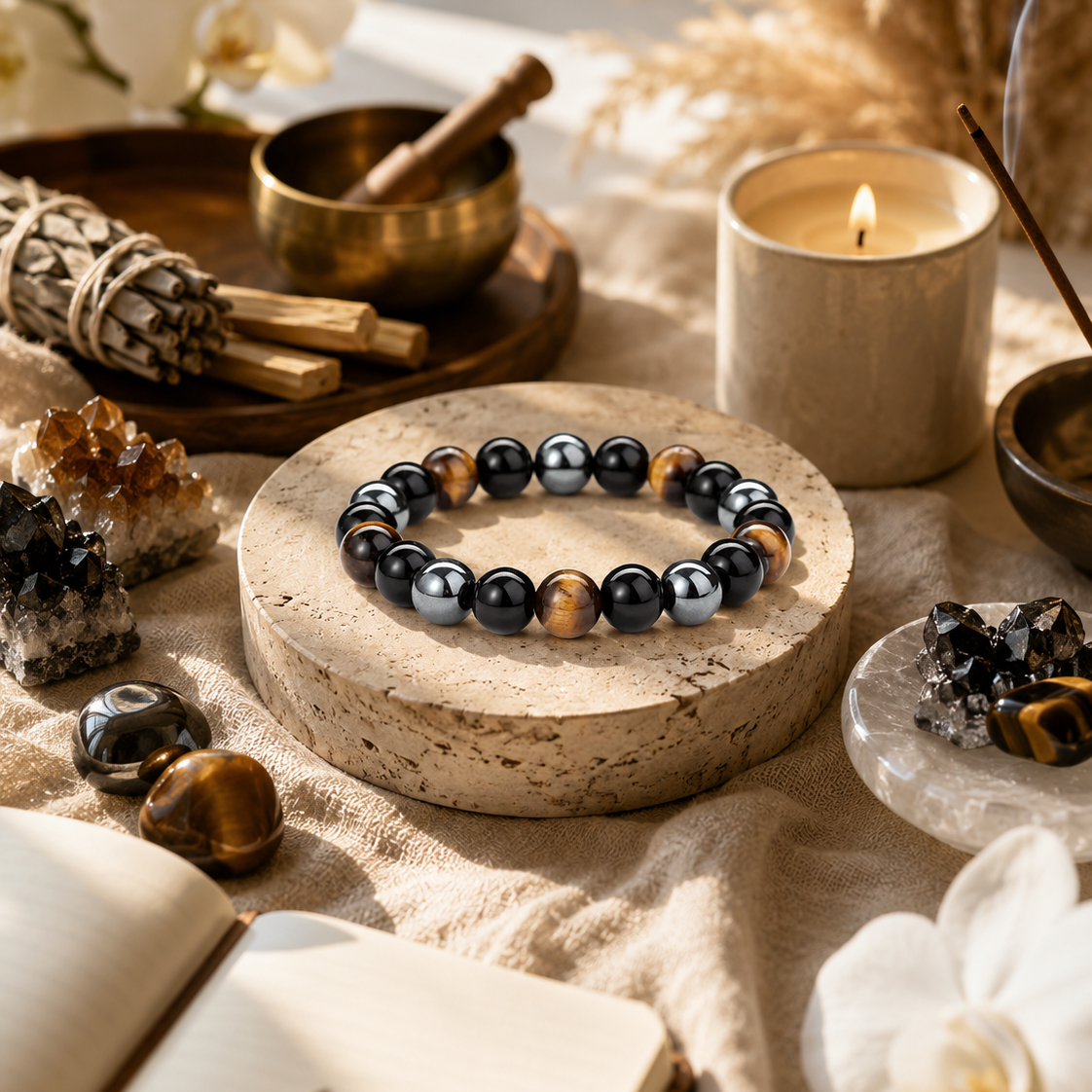 A beaded bracelet made of glossy black, navy, brown, and metallic silver beads rests on a round stone pedestal. The scene is styled with warm natural light, featuring a lit candle, crystals, dried grass, an open book, and white orchids.