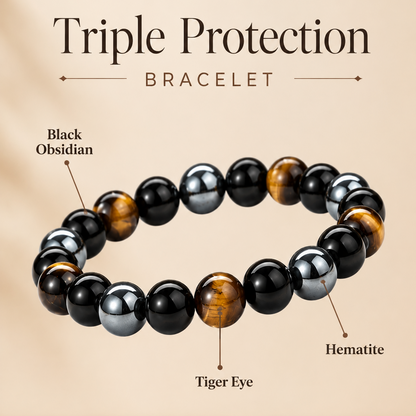 Triple Protection Crystal Bracelet for Men & Women | Natural Tiger Eye, Black Obsidian & Hematite Healing Crystal Bracelet | Protection, Grounding, Strength & Positive Energy