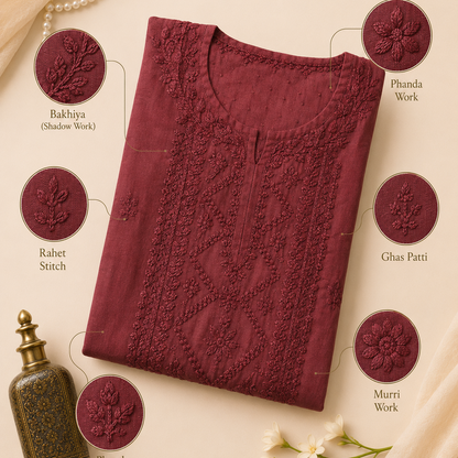 Maroon fabric with intricate Chikankari embroidery on a beige background