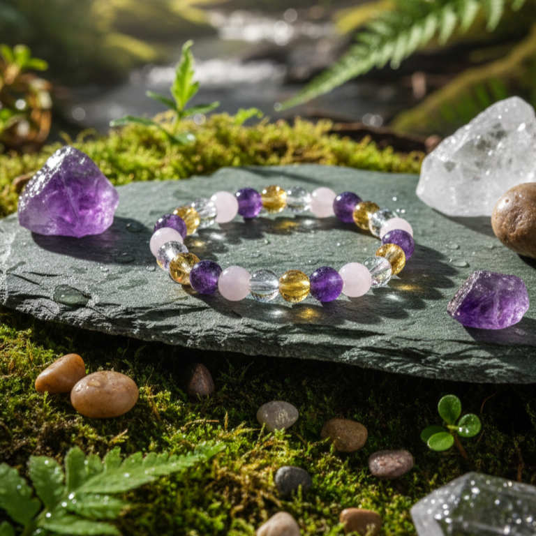 Amethyst Rose Quartz Citrine Clear Quartz Bracelet | Natural Healing Crystal Combination Bracelet for Love, Wealth, Clarity & Positive Energy