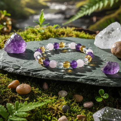 Amethyst Rose Quartz Citrine Clear Quartz Bracelet | Natural Healing Crystal Combination Bracelet for Love, Wealth, Clarity & Positive Energy