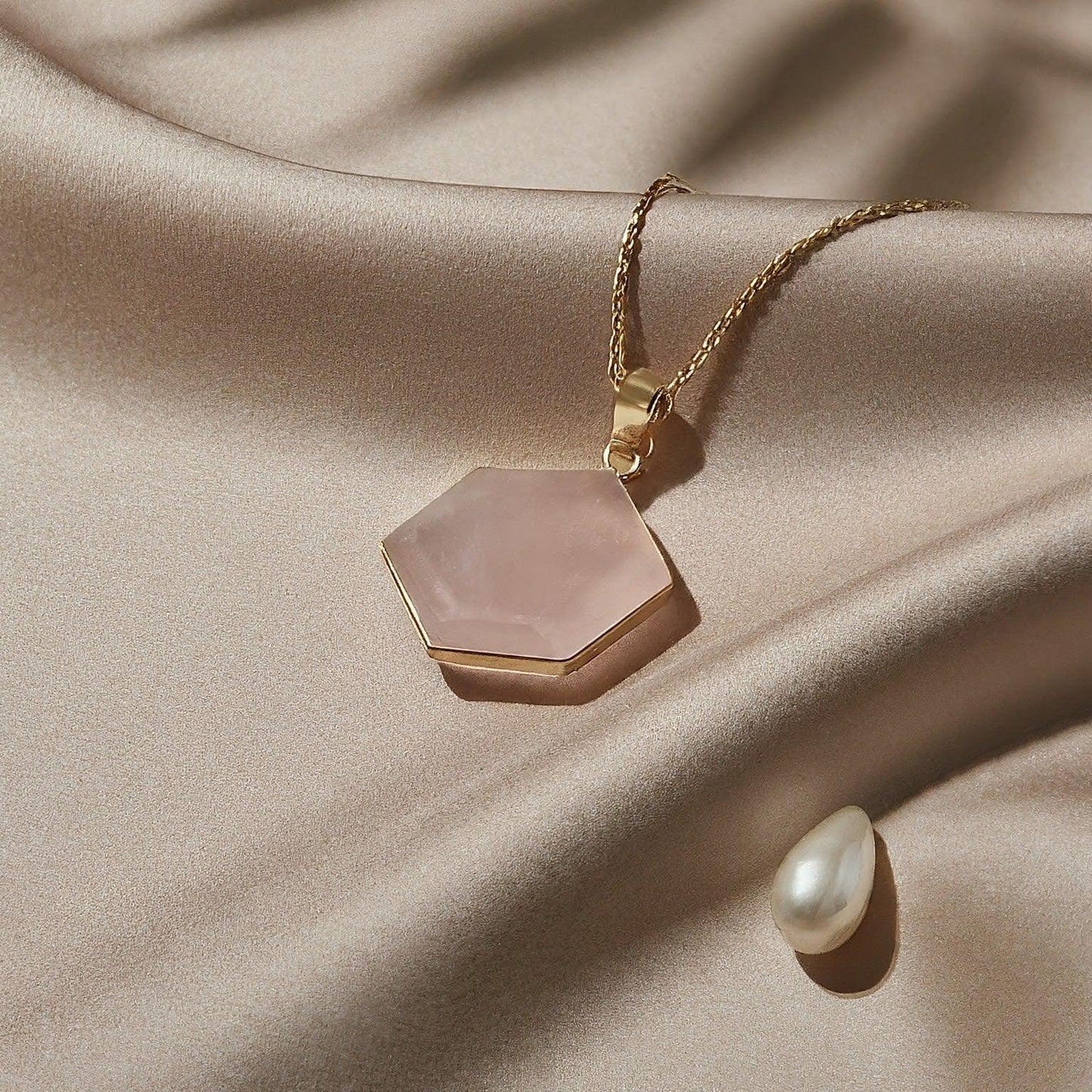 Rose Quartz Hexagonal Pendant | Natural Gemstone Necklace for Love, Harmony & Modern Style