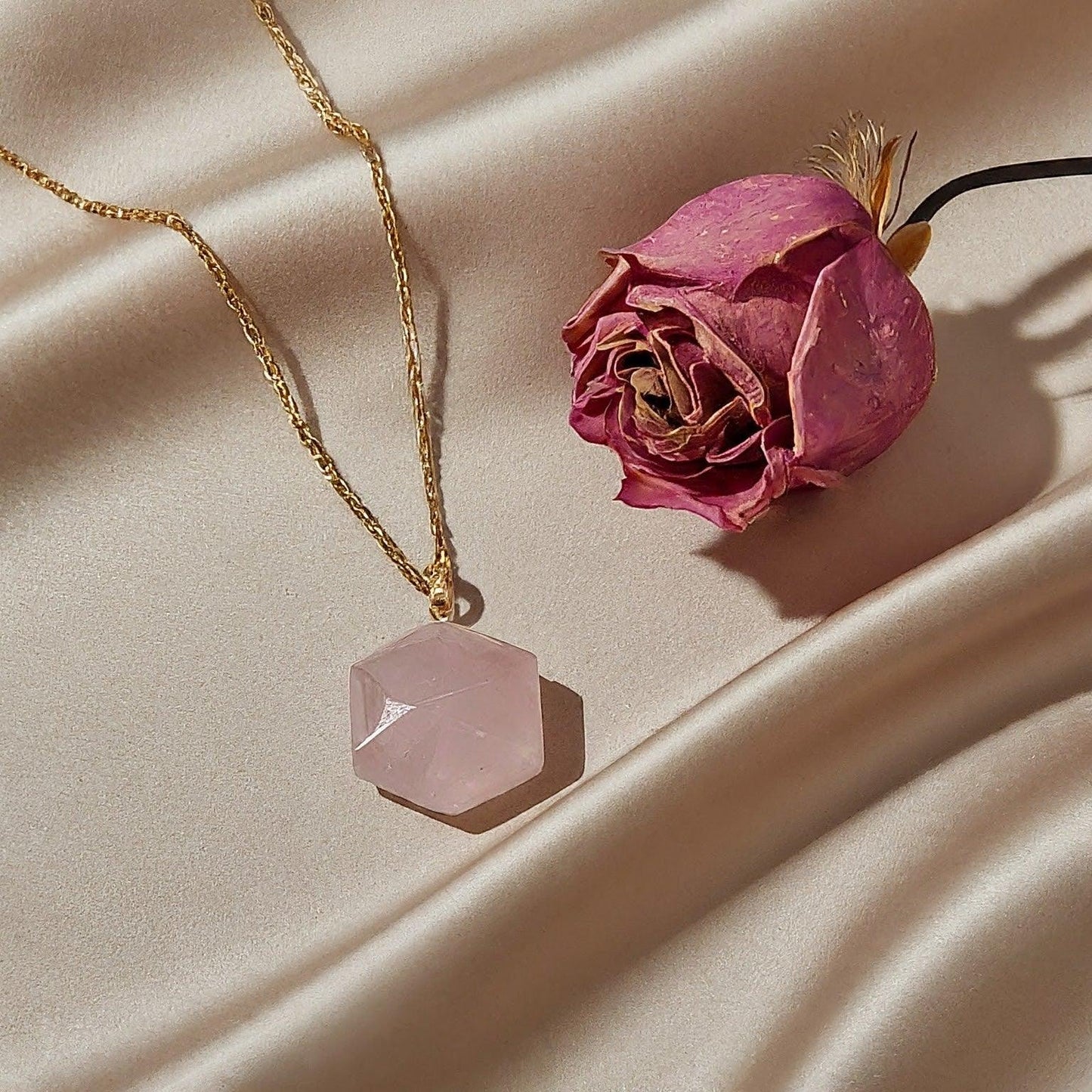 Rose Quartz Hexagonal Pendant | Natural Gemstone Necklace for Love, Harmony & Modern Style