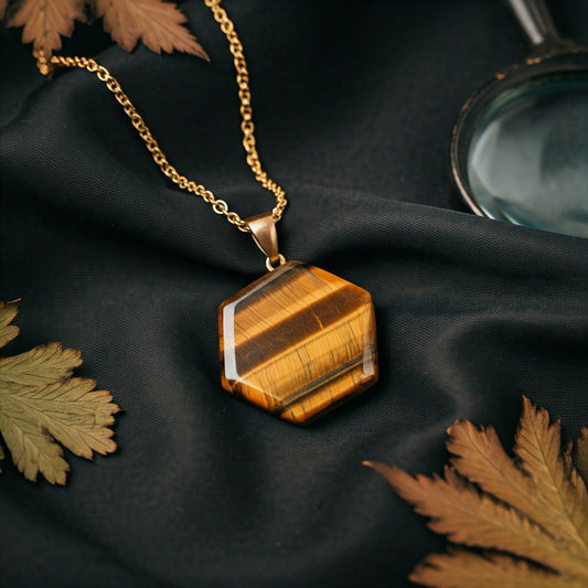 Tiger Eye Hexagonal Pendant | Natural Gemstone Pendant for Strength, Grounding & Modern Style