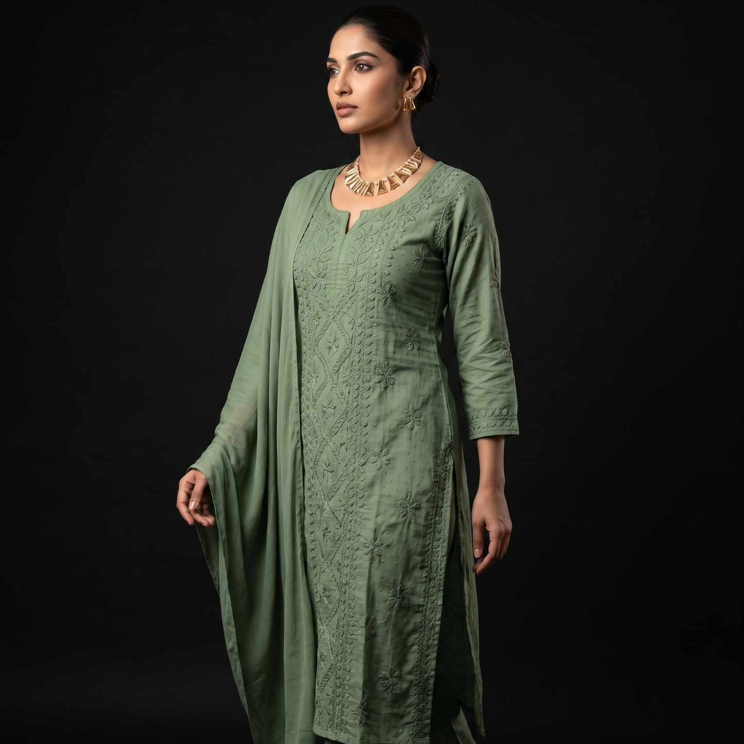 Woman wearing a green traditional outfit against a black background