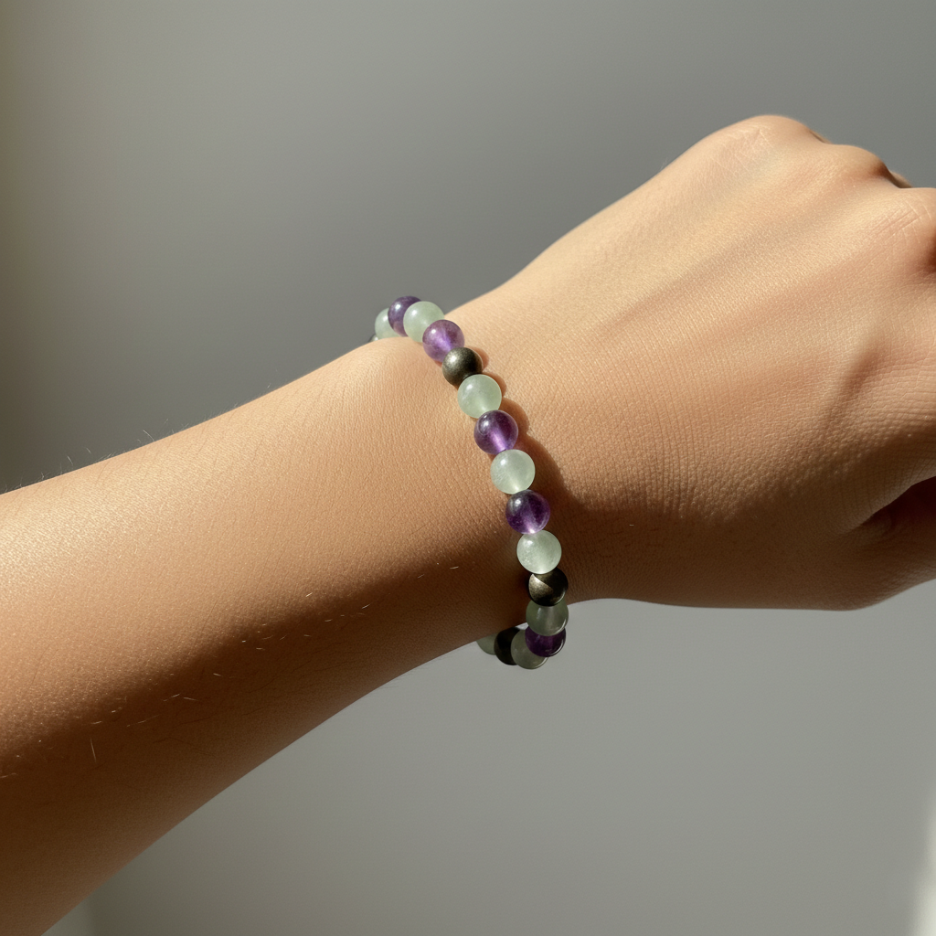 Green Aventurine Pyrite Amethyst Bracelet | Natural Healing Crystal Bracelet for Luck, Wealth, Protection & Mental Clarity