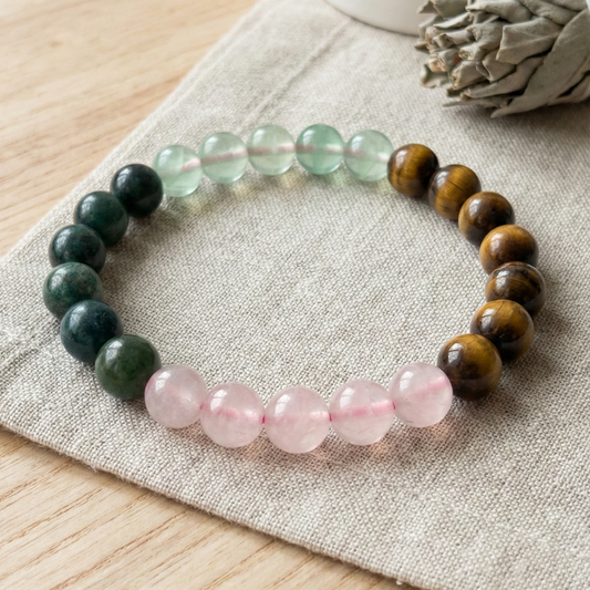 Green Aventurine Rose Quartz Tiger Eye Green Jade Bracelet | Natural Healing Crystal Bracelet for Luck, Love, Confidence & Prosperity