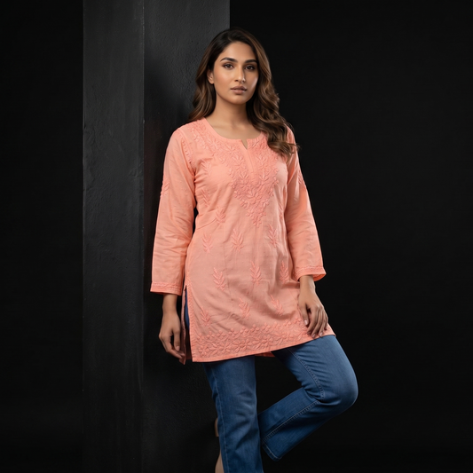Luxe By Ana Women's Dobby Cotton Lucknow Chikankari Short Kurti | Hand Embroidered Straight Kurti for Casual & Office Wear