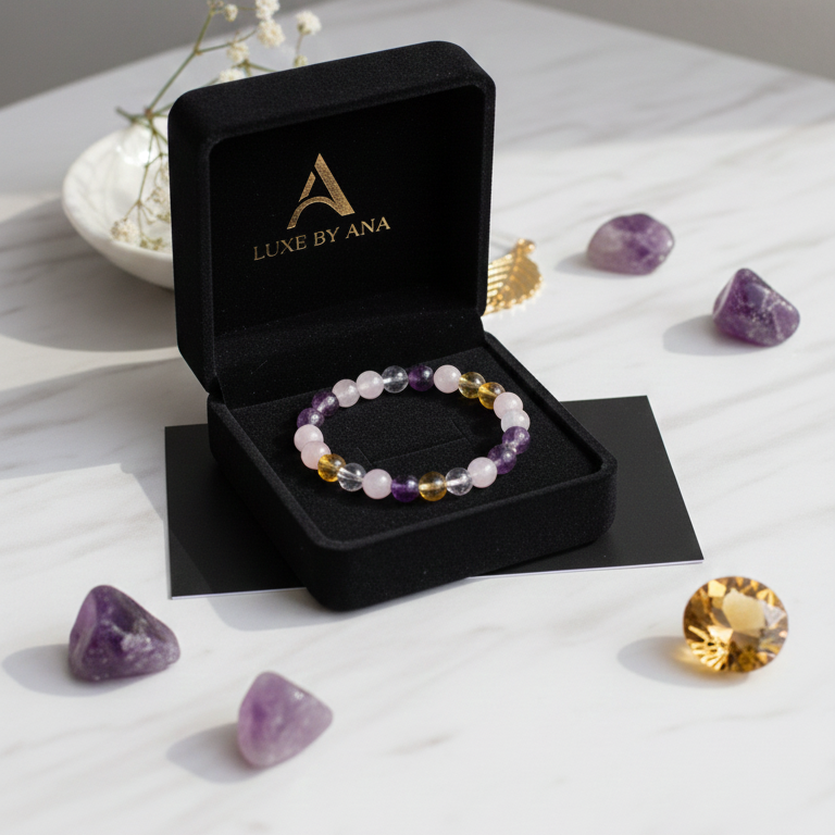 Amethyst Rose Quartz Citrine Clear Quartz Bracelet | Natural Healing Crystal Combination Bracelet for Love, Wealth, Clarity & Positive Energy