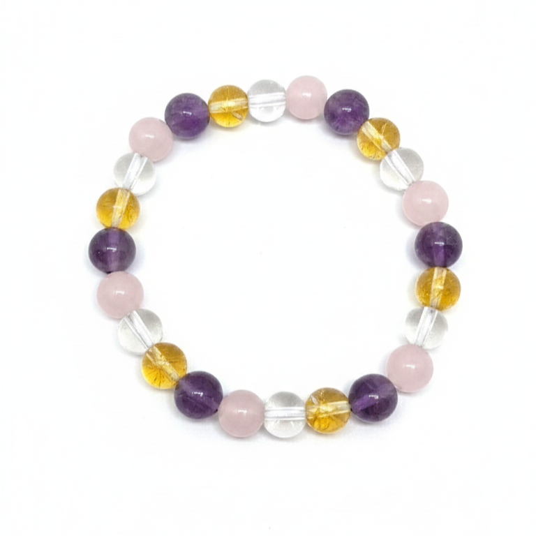 Amethyst Rose Quartz Citrine Clear Quartz Bracelet | Natural Healing Crystal Combination Bracelet for Love, Wealth, Clarity & Positive Energy