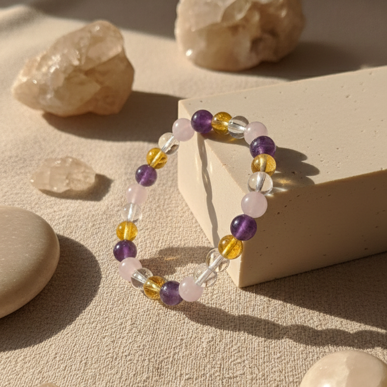 Amethyst Rose Quartz Citrine Clear Quartz Bracelet | Natural Healing Crystal Combination Bracelet for Love, Wealth, Clarity & Positive Energy