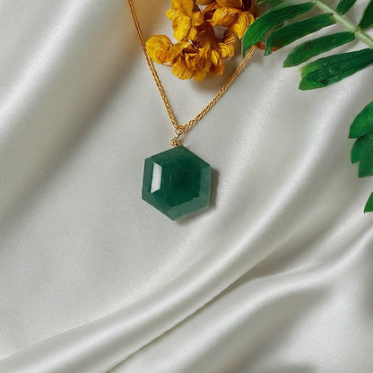 Green Aventurine Hexagonal Pendant | Natural Gemstone Necklace for Luck, Prosperity & Modern Style