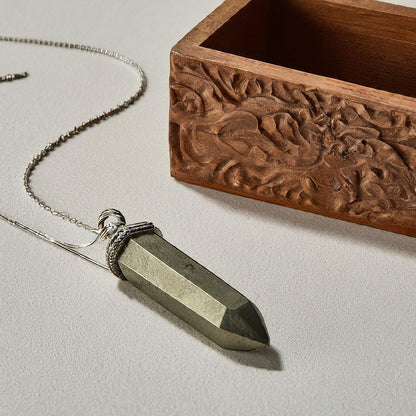 Pyrite Pencil Shaped Pendant | Unique Healing Crystal Jewelry for Spiritual Protection & Abundance