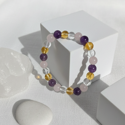 Amethyst Rose Quartz Citrine Clear Quartz Bracelet | Natural Healing Crystal Combination Bracelet for Love, Wealth, Clarity & Positive Energy