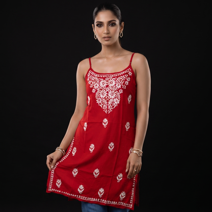 Luxe By Ana Women's Pure Cotton Sleeveless Lucknow Chikan Short Kurti | Hand Embroidered Summer Ethnic Top