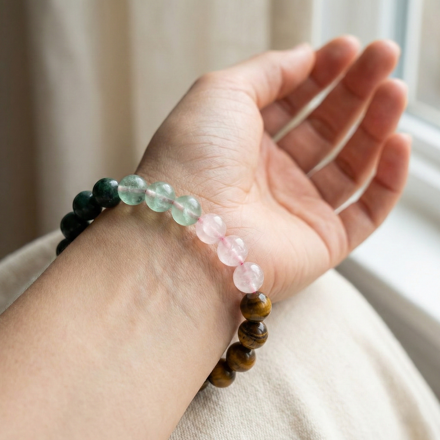 Green Aventurine Rose Quartz Tiger Eye Green Jade Bracelet | Natural Healing Crystal Bracelet for Luck, Love, Confidence & Prosperity