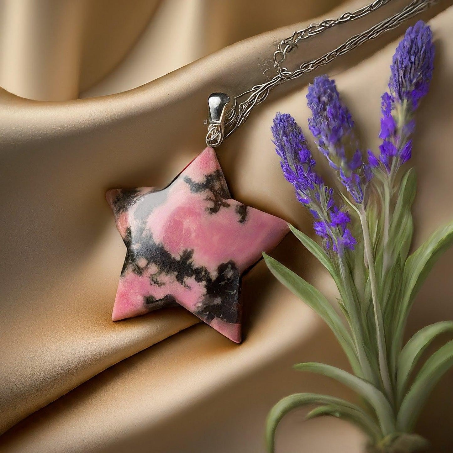 Rhodonite Star Pendant | Rose Pink & Black, Emotional Balance, Self-Love