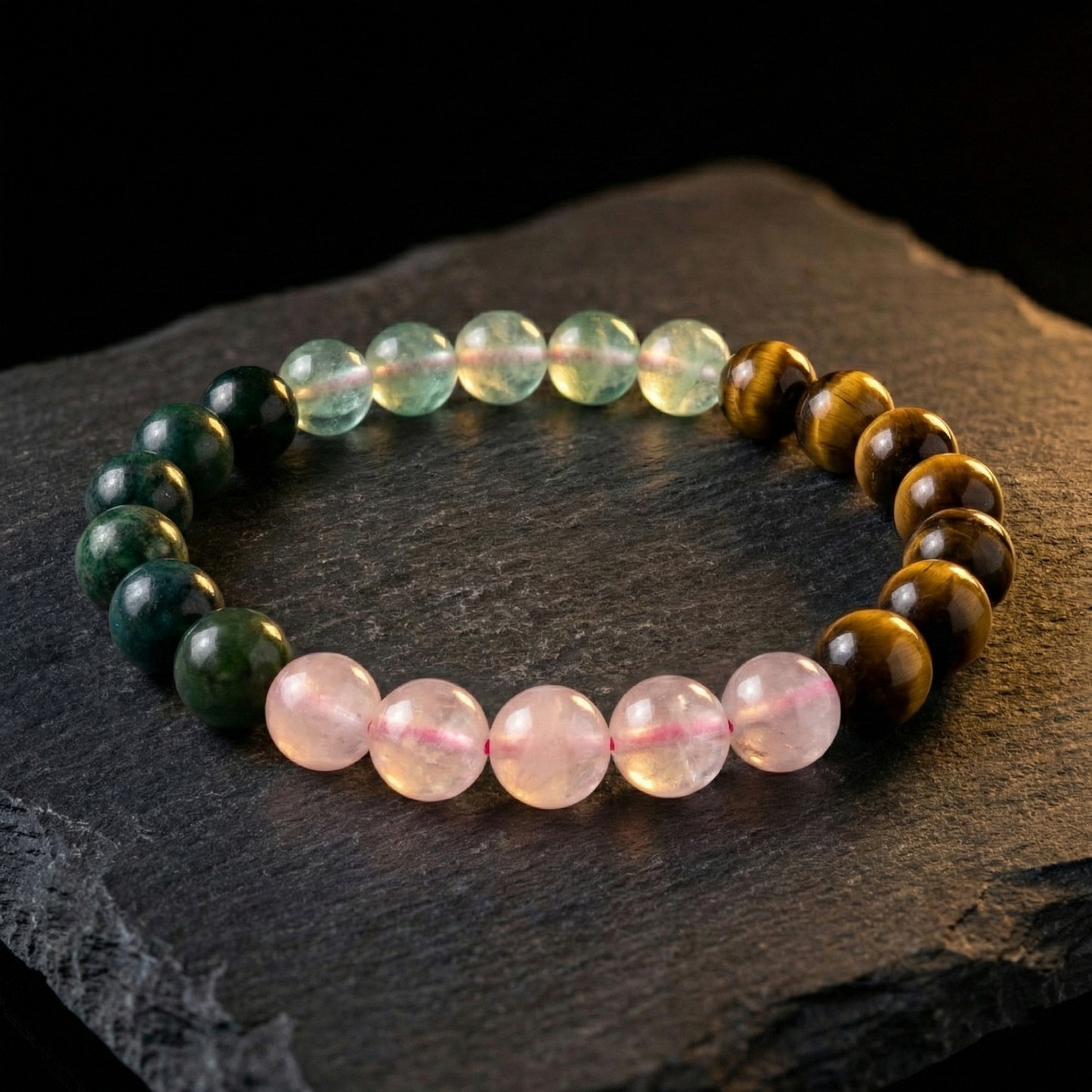 Green Aventurine Rose Quartz Tiger Eye Green Jade Bracelet | Natural Healing Crystal Bracelet for Luck, Love, Confidence & Prosperity
