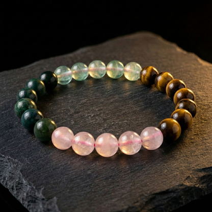 Green Aventurine Rose Quartz Tiger Eye Green Jade Bracelet | Natural Healing Crystal Bracelet for Luck, Love, Confidence & Prosperity