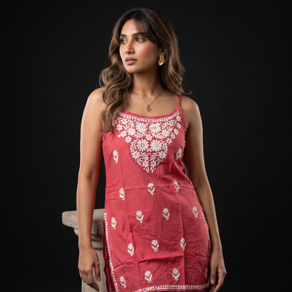 Luxe By Ana Women's Pure Cotton Sleeveless Lucknow Chikan Short Kurti | Hand Embroidered Summer Ethnic Top