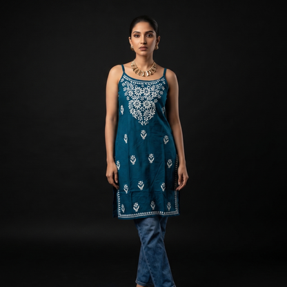 Luxe By Ana Women's Pure Cotton Sleeveless Lucknow Chikan Short Kurti | Hand Embroidered Summer Ethnic Top