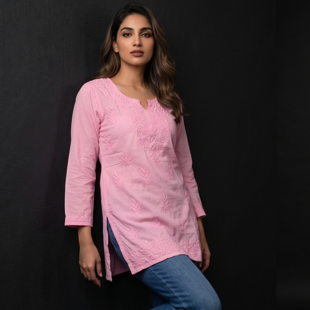 Luxe By Ana Women's Dobby Cotton Lucknow Chikankari Short Kurti | Hand Embroidered Straight Kurti for Casual & Office Wear
