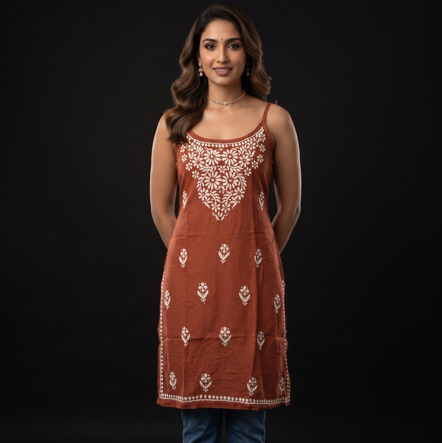 Luxe By Ana Women's Pure Cotton Sleeveless Lucknow Chikan Short Kurti | Hand Embroidered Summer Ethnic Top
