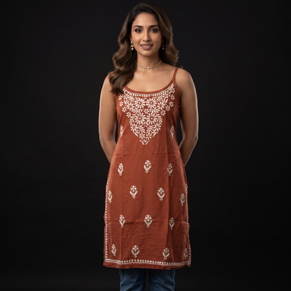 Luxe By Ana Women's Pure Cotton Sleeveless Lucknow Chikan Short Kurti | Hand Embroidered Summer Ethnic Top