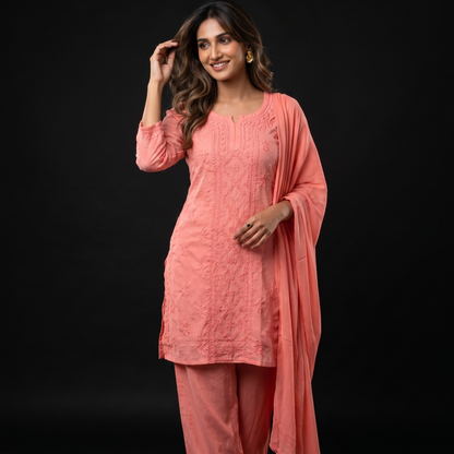 Woman wearing a pink traditional outfit on a black background