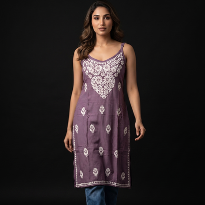 Luxe By Ana Women's Pure Cotton Sleeveless Lucknow Chikan Short Kurti | Hand Embroidered Summer Ethnic Top