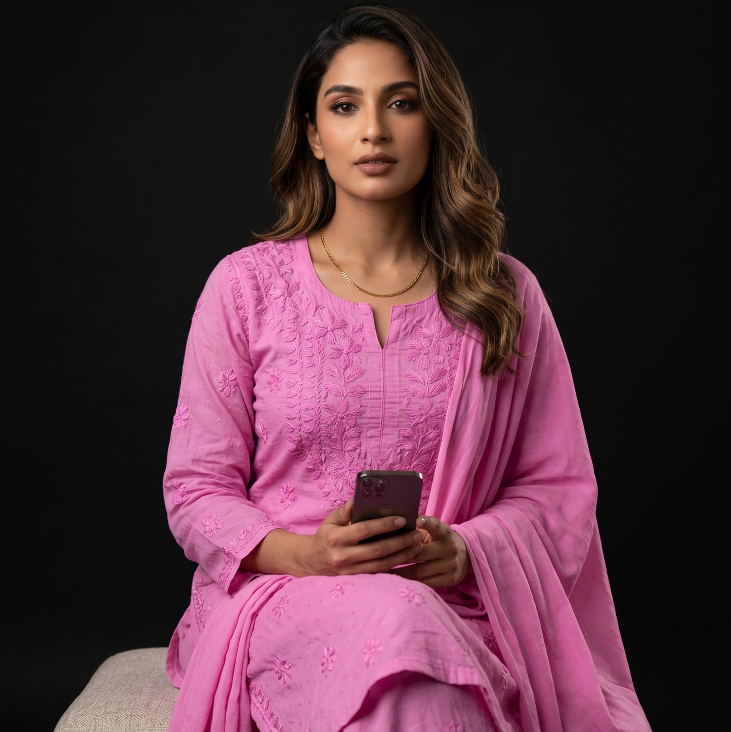 Luxe By Ana Women's Dobby Cotton Lucknow Chikankari 3-Piece Kurta Set with Palazzo & Dupatta | Hand-Embroidered Ethnic Suit Set