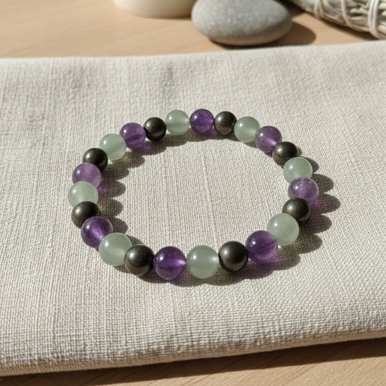 Green Aventurine Pyrite Amethyst Bracelet | Natural Healing Crystal Bracelet for Luck, Wealth, Protection & Mental Clarity