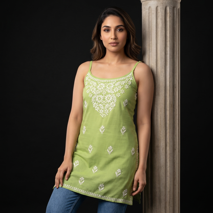 Luxe By Ana Women's Pure Cotton Sleeveless Lucknow Chikan Short Kurti | Hand Embroidered Summer Ethnic Top