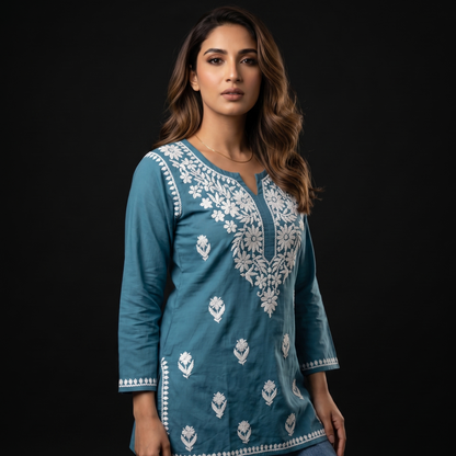 Luxe By Ana Women's Pure Cotton Sleeveless Lucknow Chikan Short Kurti | Hand Embroidered Summer Ethnic Top