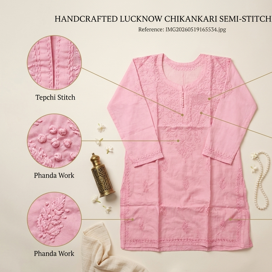Luxe By Ana Women's Dobby Cotton Lucknow Chikankari Short Kurti | Hand Embroidered Straight Kurti for Casual & Office Wear