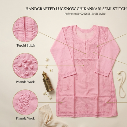 Luxe By Ana Women's Dobby Cotton Lucknow Chikankari Short Kurti | Hand Embroidered Straight Kurti for Casual & Office Wear