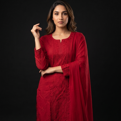 Woman wearing a red traditional outfit with a black background