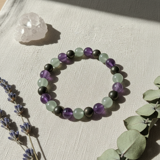Green Aventurine Pyrite Amethyst Bracelet | Natural Healing Crystal Bracelet for Luck, Wealth, Protection & Mental Clarity
