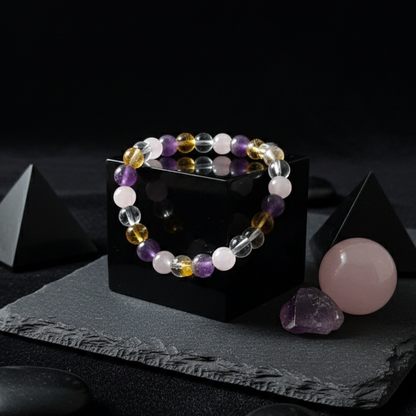 Amethyst Rose Quartz Citrine Clear Quartz Bracelet | Natural Healing Crystal Combination Bracelet for Love, Wealth, Clarity & Positive Energy