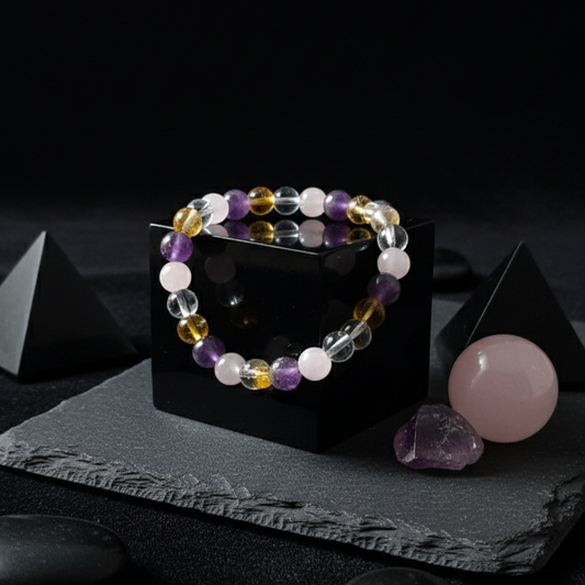 Amethyst Rose Quartz Citrine Clear Quartz Bracelet | Natural Healing Crystal Combination Bracelet for Love, Wealth, Clarity & Positive Energy